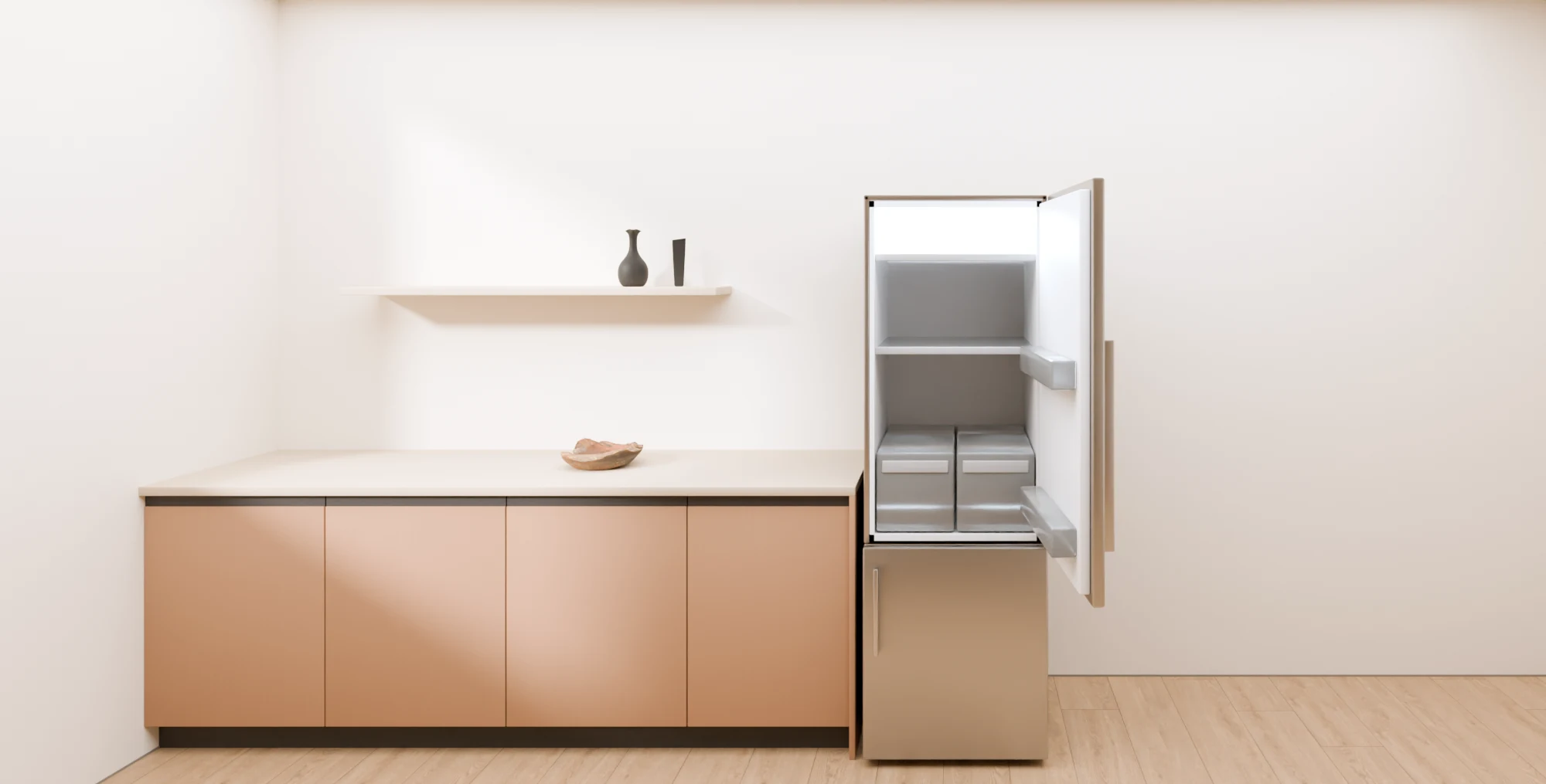 3D-weergave van een koelkast in een keuken, zoals in de keuzehulp
