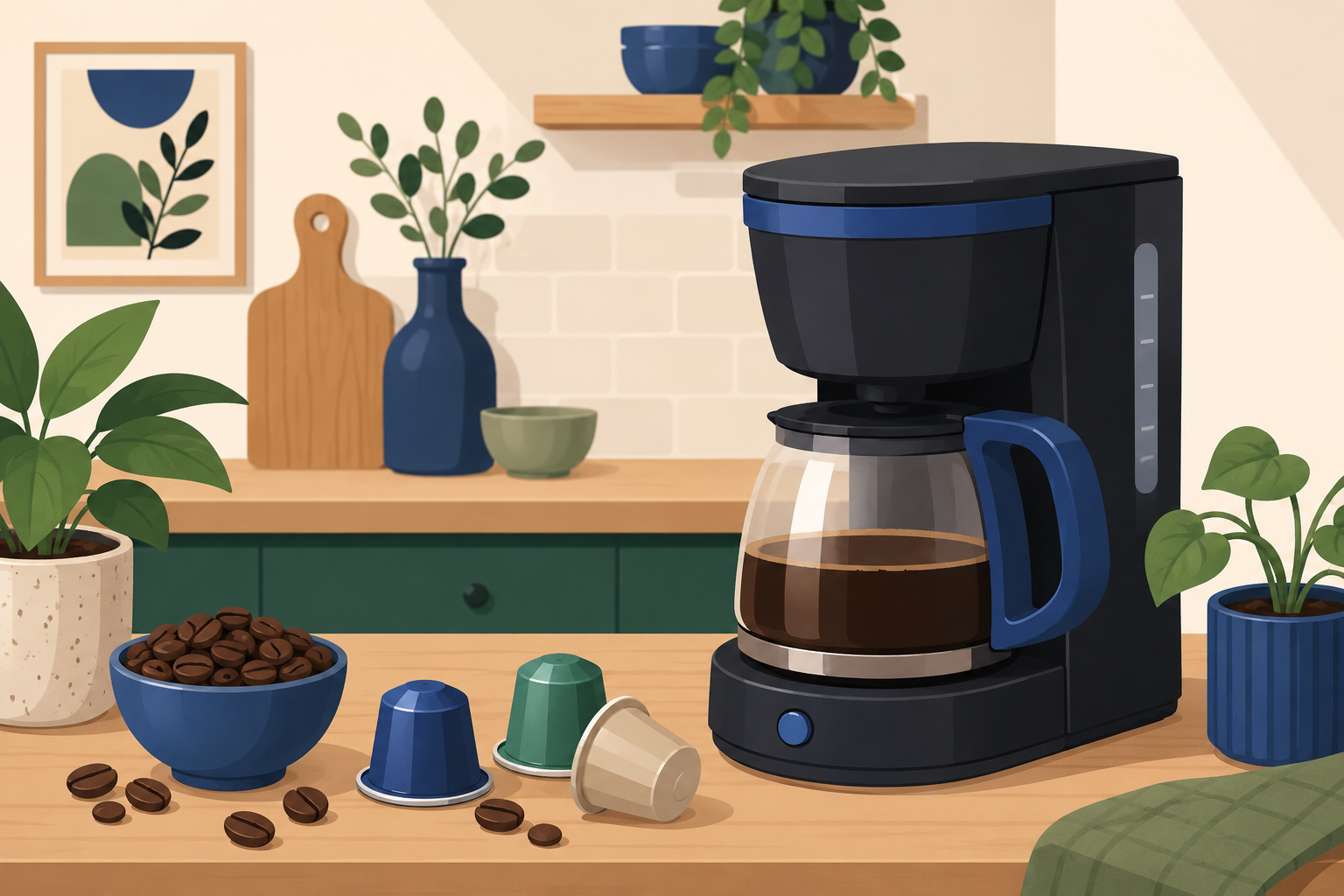 Koffiecapsules, koffiebonen en een filterkoffiezetapparaat naast elkaar op een keukenaanrecht