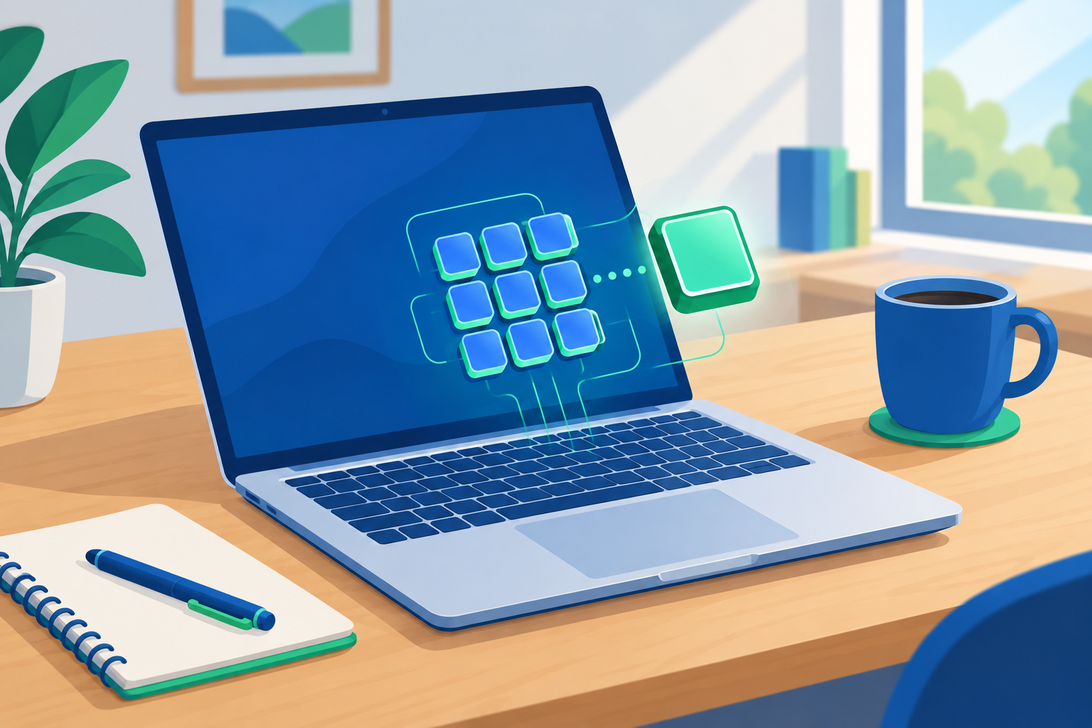 Geopende laptop op een bureau met een processorchip-illustratie die de verschillende rekenkernen toont