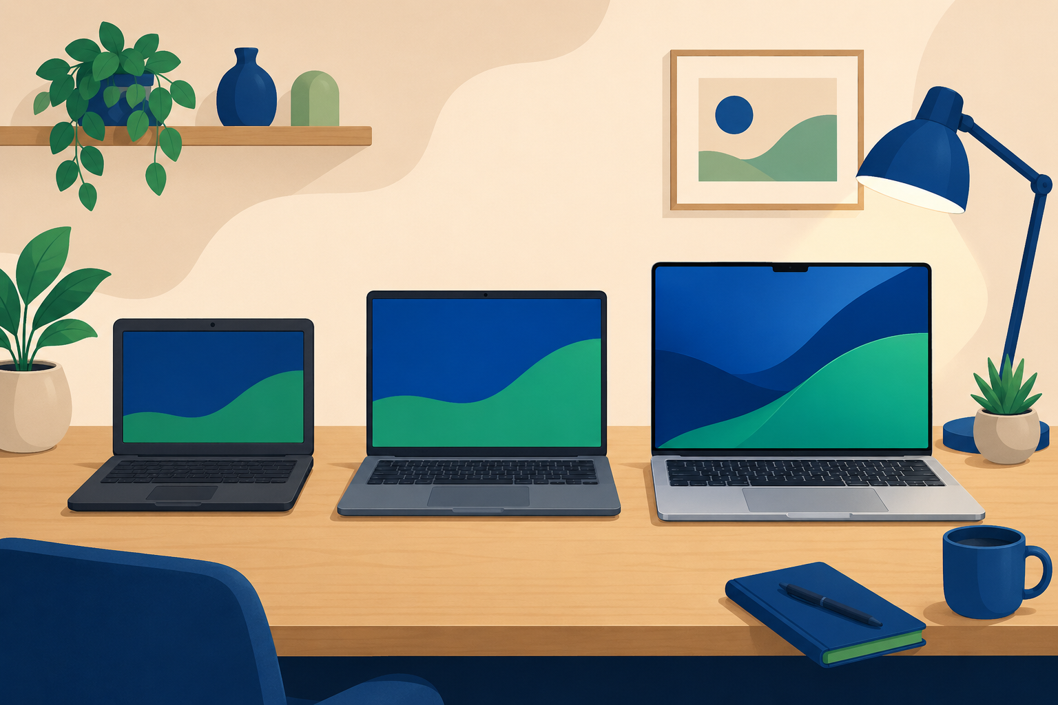 Verschillende laptops in oplopende prijsklasse naast elkaar op een bureau