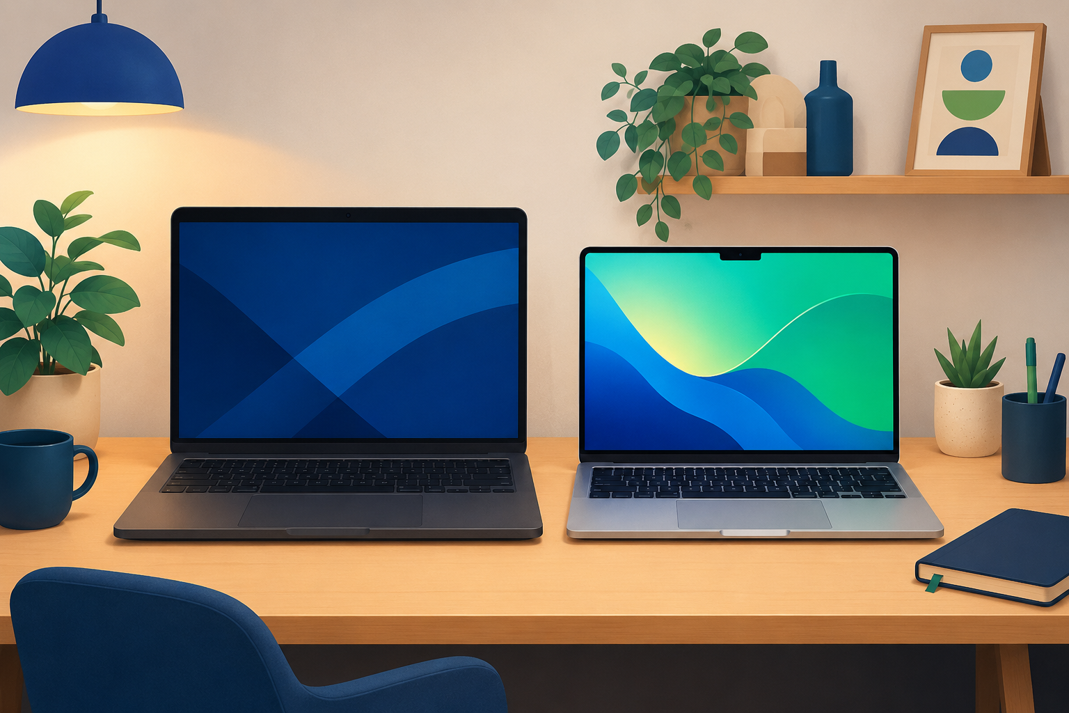 Een sobere zakelijke laptop naast een kleurrijke consumentenlaptop op een bureau