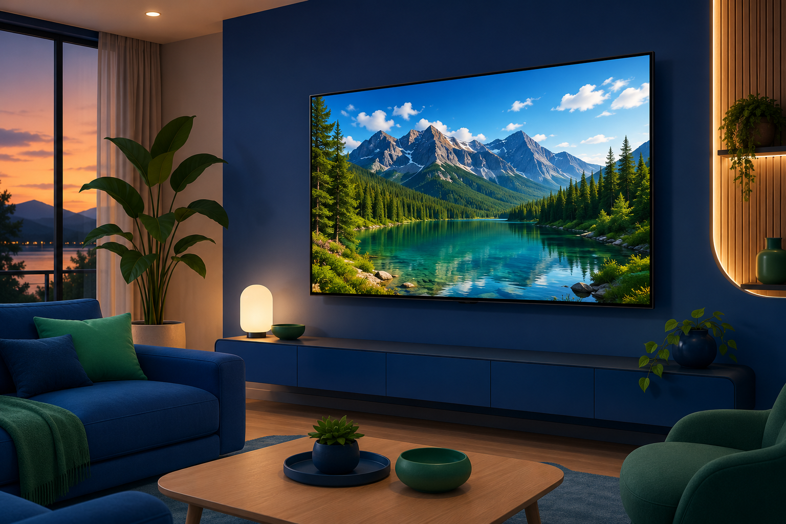 Grote tv in een moderne woonkamer met een scherp, gedetailleerd beeld