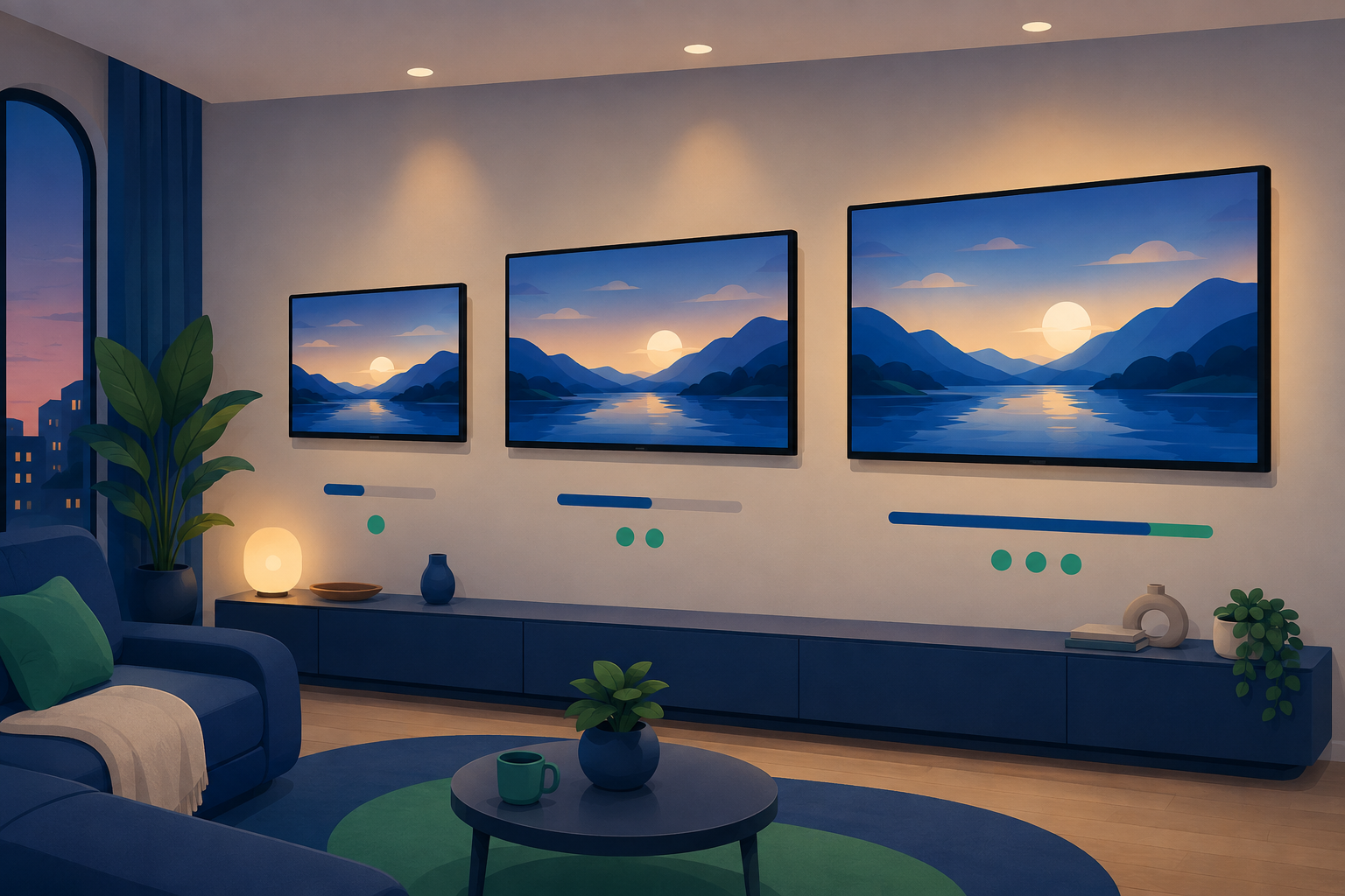Verschillende tv's in oplopende schermgrootte naast elkaar in een woonkamer