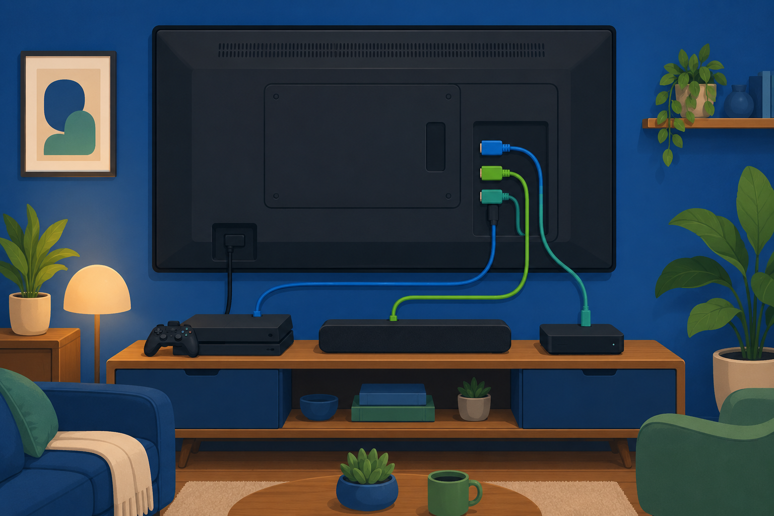 Achterkant van een tv met meerdere HDMI-kabels aangesloten in een woonkamer