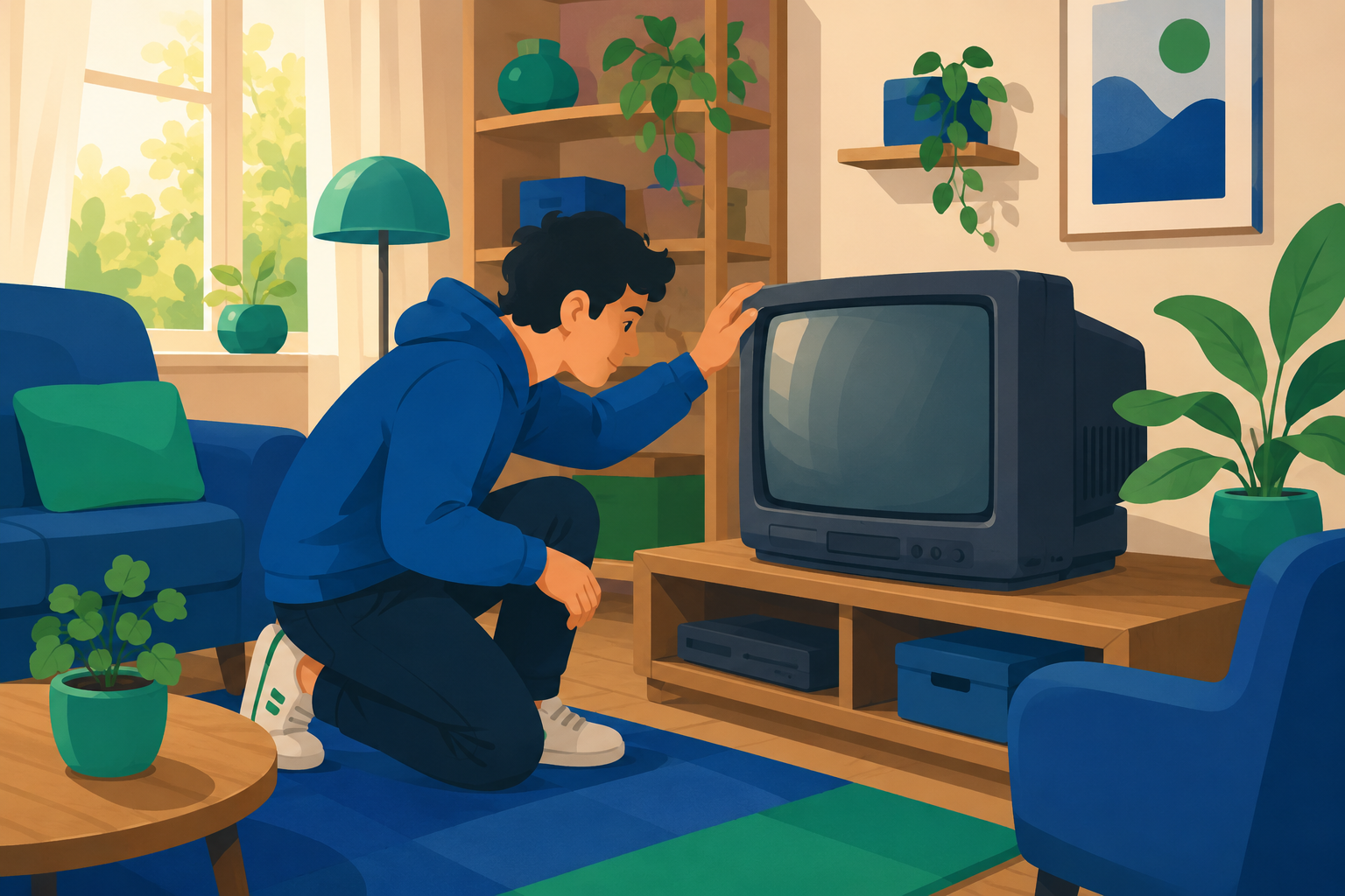 Iemand die een gebruikte tv bekijkt in een woonkamer voordat hij die koopt